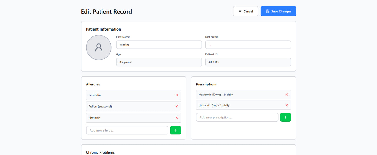 Edit patient record top section wireframe